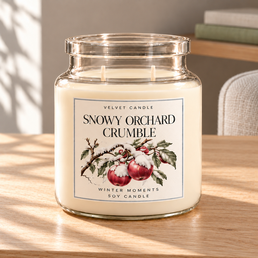 Snowy Orchard Crumble — Winter Moments Soy Candle on a straight pale oak table in natural daylight