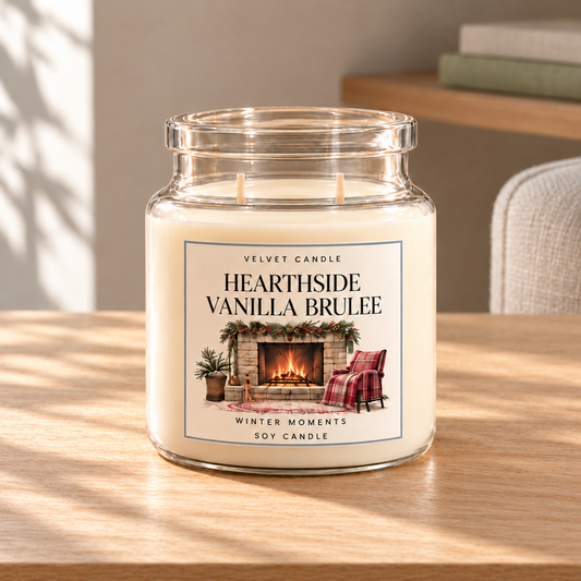 Hearthside Vanilla Brulee — Winter Moments Soy Candle on a straight pale oak table in natural daylight
