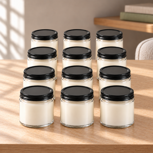 Custom Label 4 oz Clear Wholesale Soy Candles — 12, 24 or 48 Pack on a straight pale oak table in natural daylight