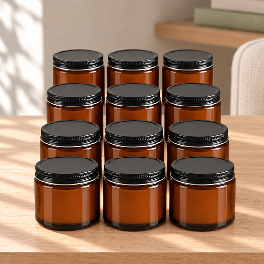 Custom Label 4 oz Amber Wholesale Soy Candles — 12, 24 or 48 Pack on a straight pale oak table in natural daylight