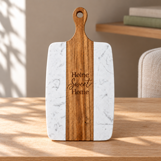 Personalized White Marble & Wood Paddle Board — Custom Engraving on a straight pale oak table in natural daylight