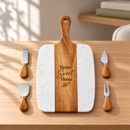 Personalized White Marble & Wood Serving Board Set — 4 Tools on a straight pale oak table in natural daylight