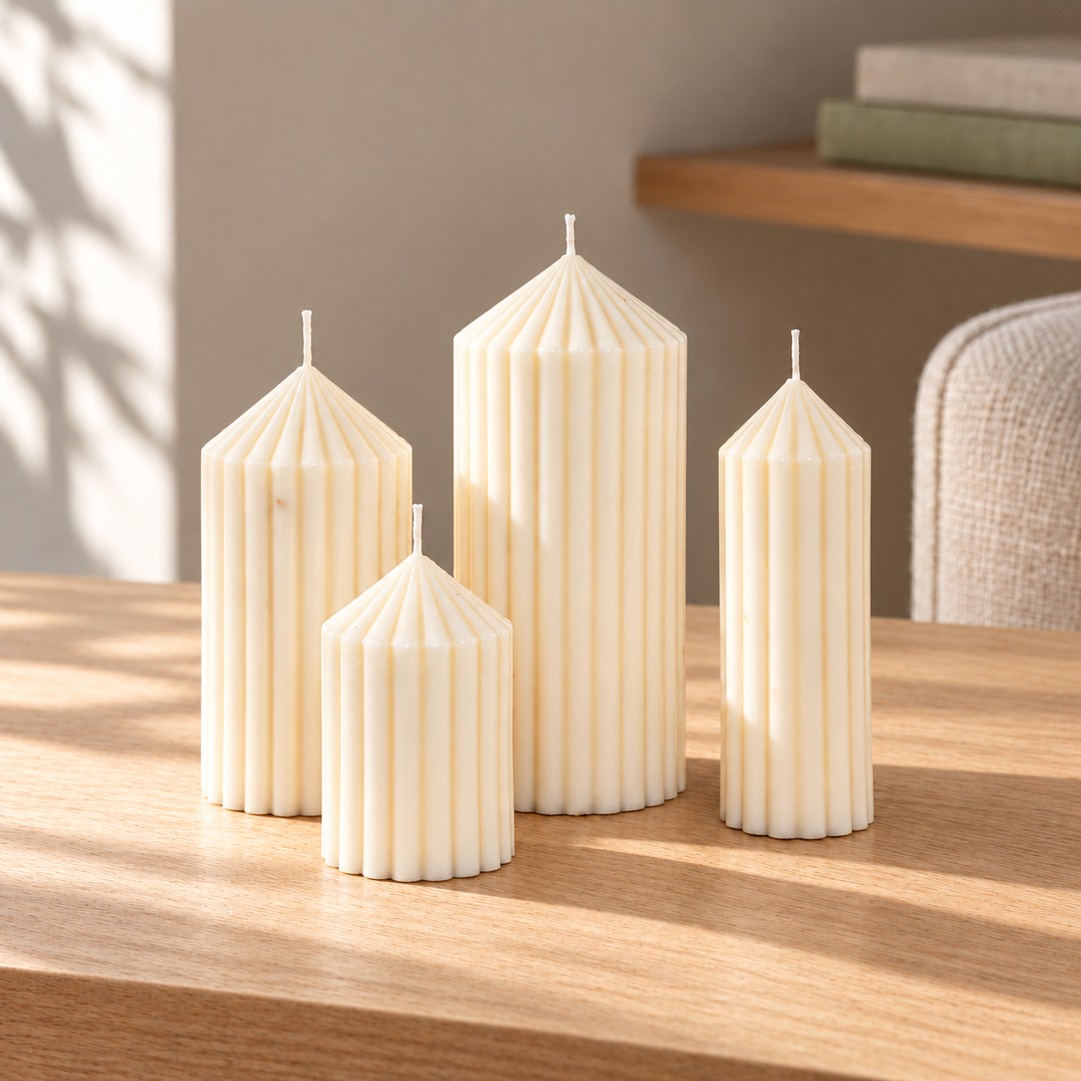 Classic Pillar Candle Set of 4 on a straight pale oak table in natural daylight