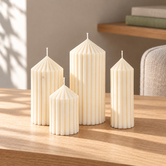 Classic Pillar Candle Set of 4 on a straight pale oak table in natural daylight