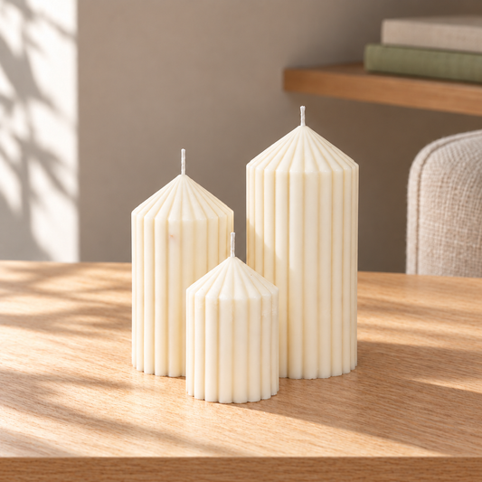 Classic Pillar Candle Set of 3 on a straight pale oak table in natural daylight