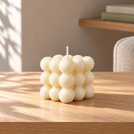 Bubble Bliss Square Candle on a straight pale oak table in natural daylight
