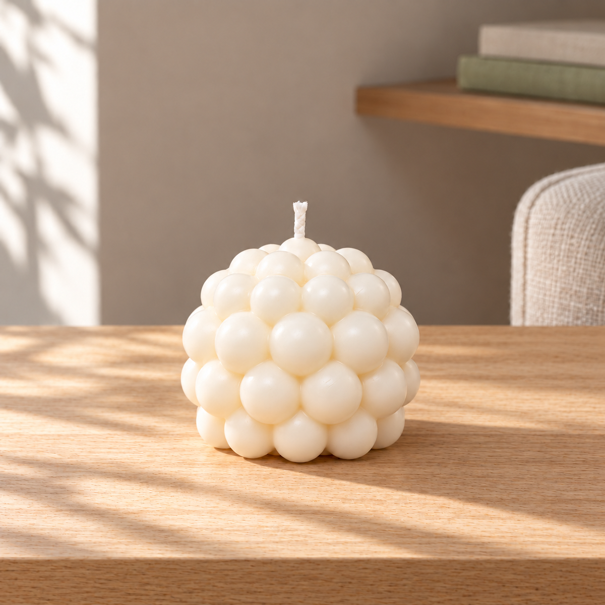 Bubble Bliss Round Candle on a straight pale oak table in natural daylight