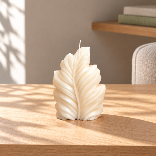 Leaf Whisper Soy Wax Candle on a straight pale oak table in natural daylight
