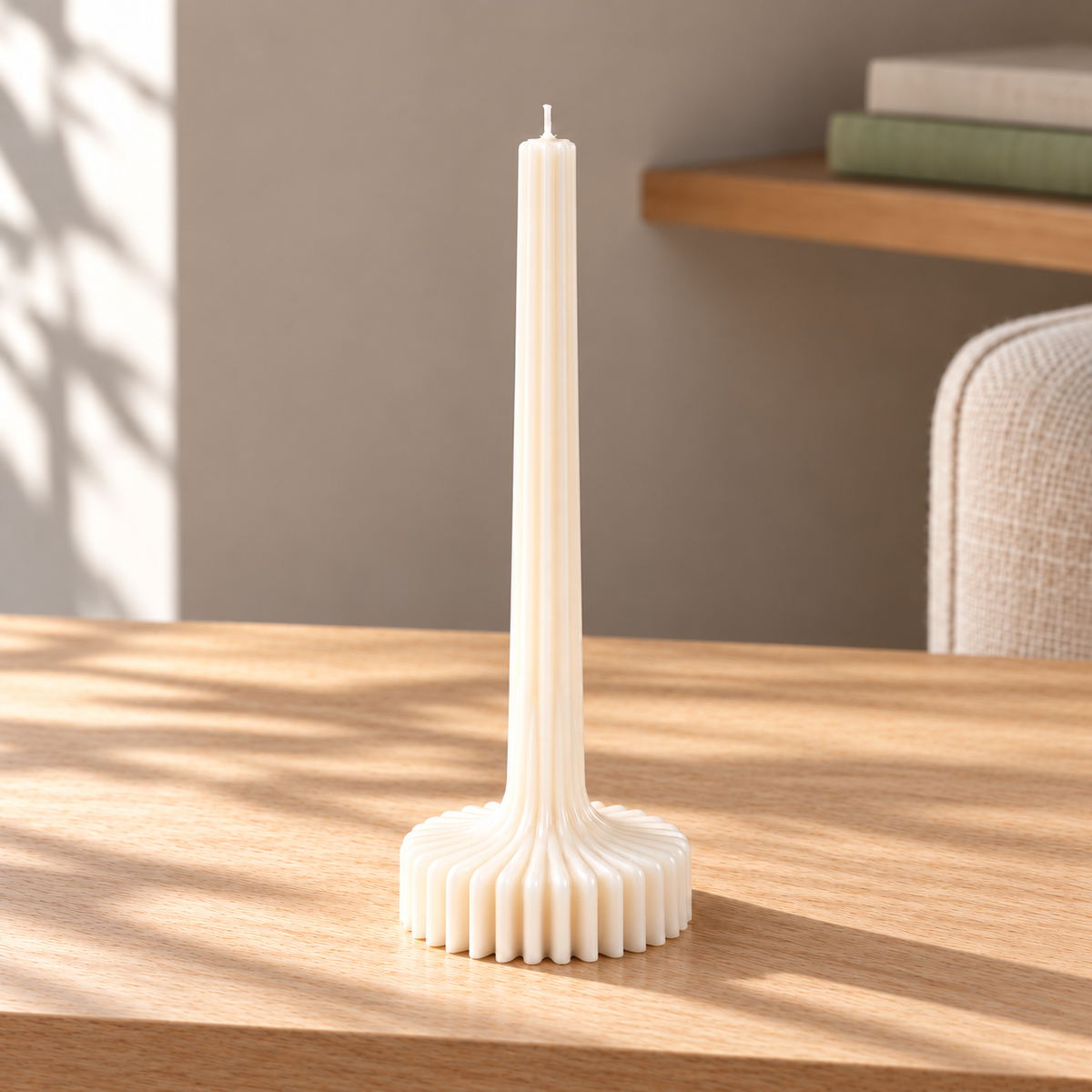 Ethereal Flow Soy Wax Candle on a straight pale oak table in natural daylight