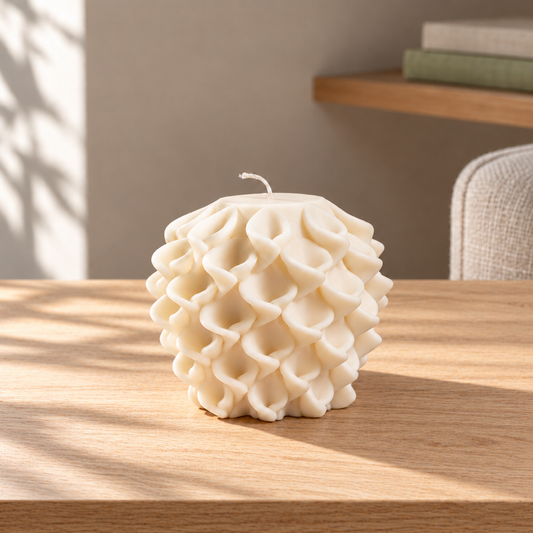 Petal Bloom Soy Wax Candle on a straight pale oak table in natural daylight