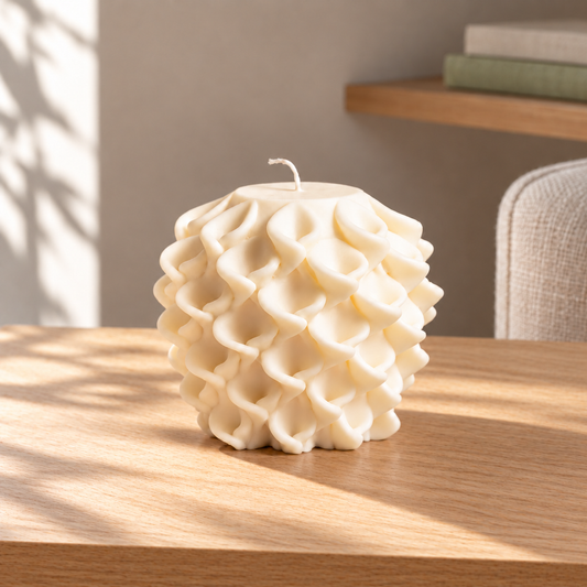Large Petal Bloom Soy Wax Candle on a straight pale oak table in natural daylight