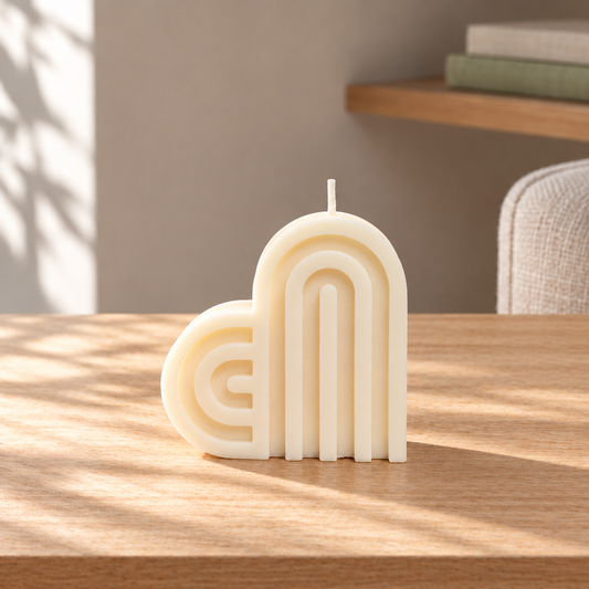 Heart Soy Wax Candle on a straight pale oak table in natural daylight