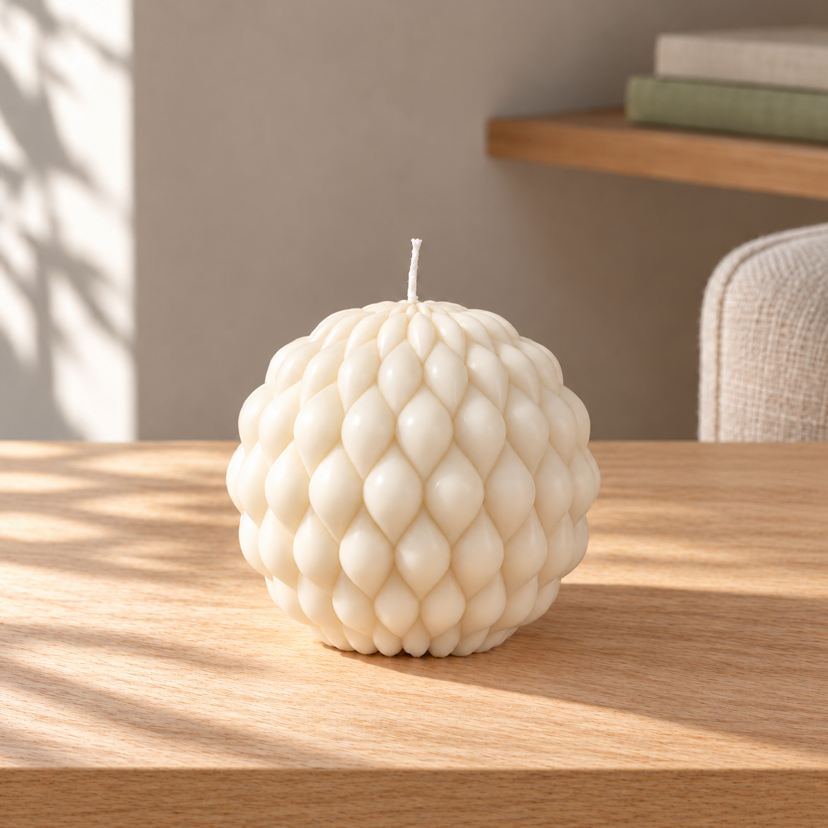 Raindrop Ball Soy Wax Candle on a straight pale oak table in natural daylight