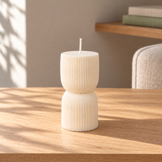 Ribbed Pillar Soy Wax Candle on a straight pale oak table in natural daylight
