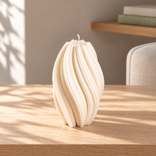 Large Wave Twirl Soy Wax Candle on a straight pale oak table in natural daylight
