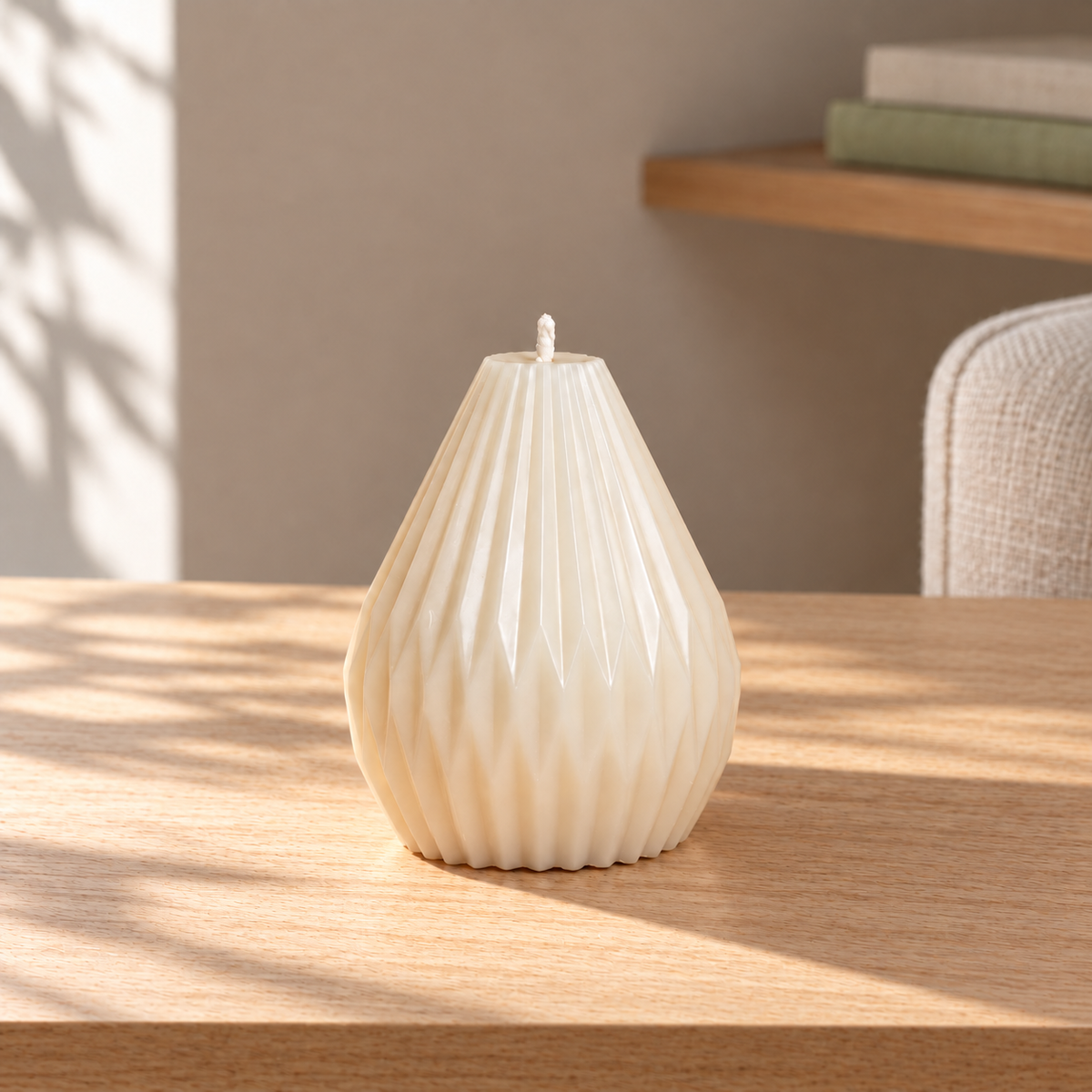 Diamond Pillar Soy Wax Candle on a straight pale oak table in natural daylight