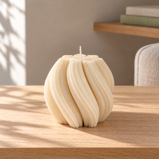 Medium Wave Swirl Soy Wax Candle on a straight pale oak table in natural daylight