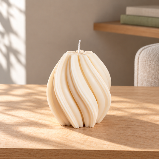 Small Wave Swirl Soy Wax Candle on a straight pale oak table in natural daylight