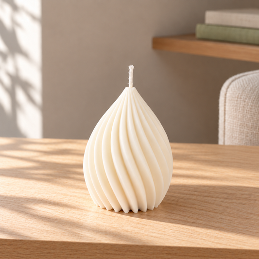 Raindrop Baby Soy Wax Candle on a straight pale oak table in natural daylight