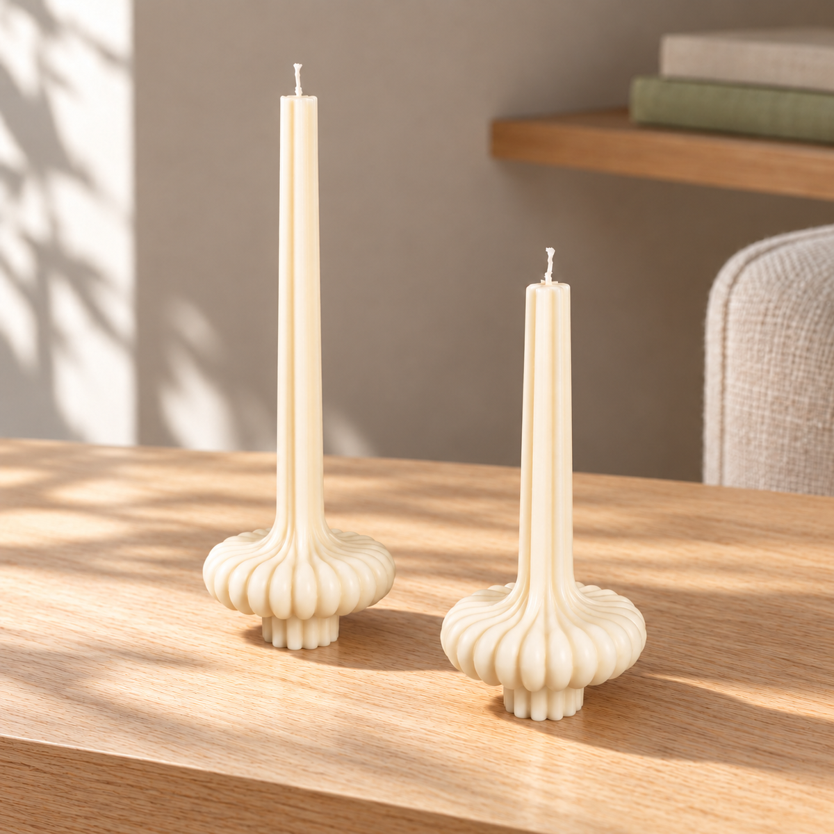 Classic Elegance Table Candle Set of 2 on a straight pale oak table in natural daylight