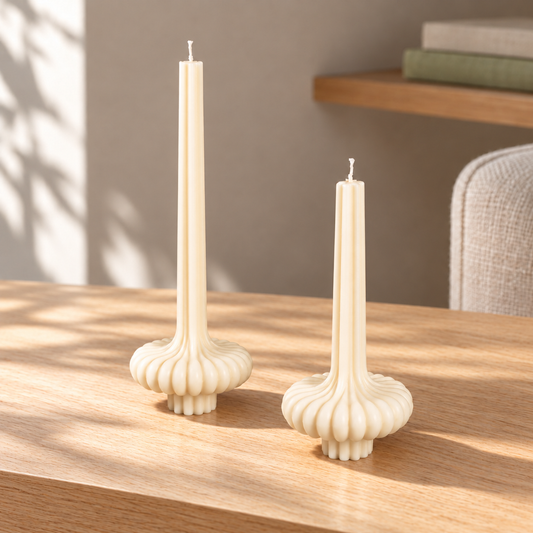 Classic Elegance Table Candle Set of 2 on a straight pale oak table in natural daylight