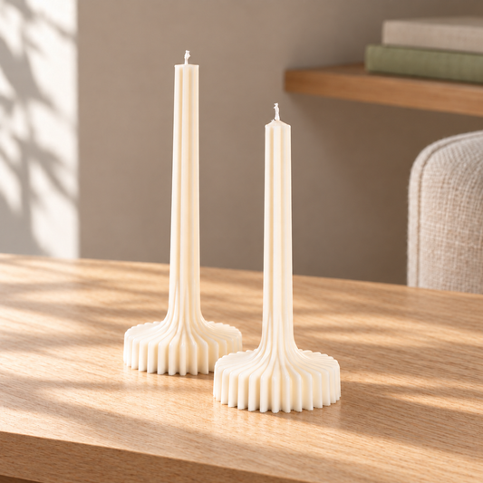 Classic Ribbed Table Candle Set of 2 on a straight pale oak table in natural daylight