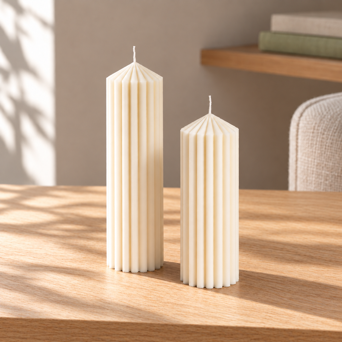 Classic Straight Table Candle Set of 2 on a straight pale oak table in natural daylight