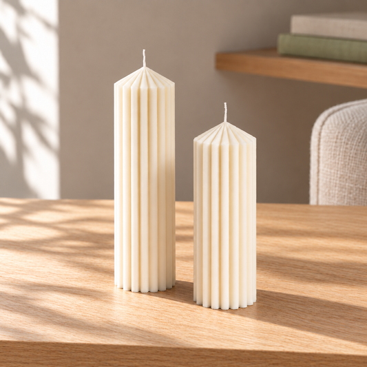 Classic Straight Table Candle Set of 2 on a straight pale oak table in natural daylight