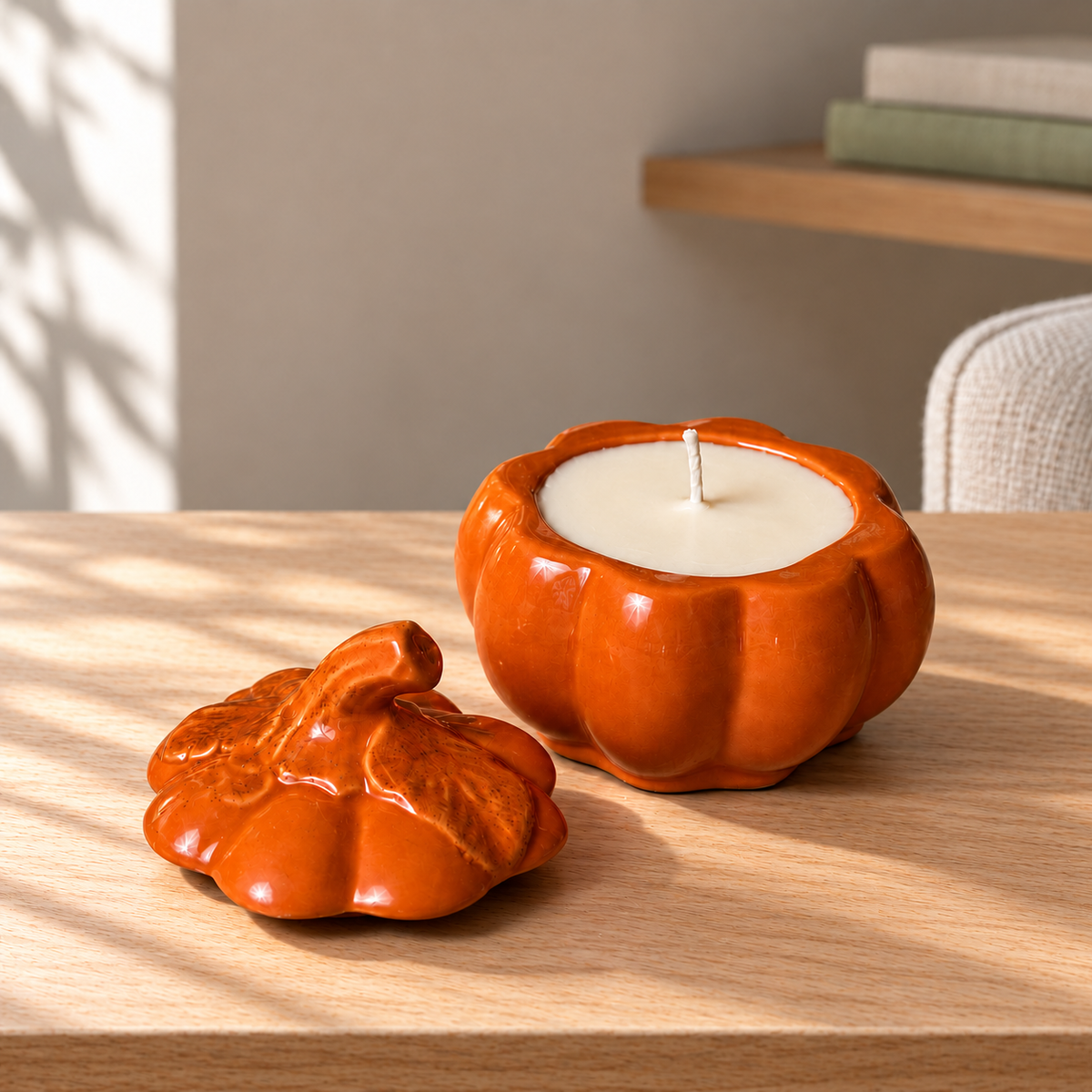 Harvest Pumpkin (Orange) Soy Wax Candle on a straight pale oak table in natural daylight