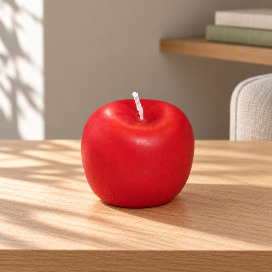 Red Apple Mini Soy Wax Candle on a straight pale oak table in natural daylight