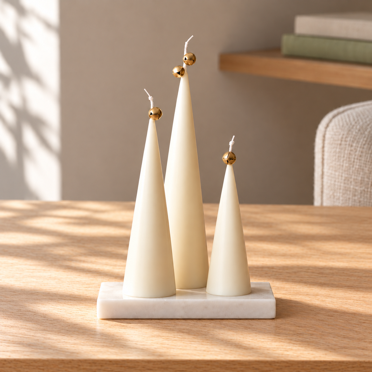 Christmas Set of Three Cone Soy Wax Candles on a straight pale oak table in natural daylight