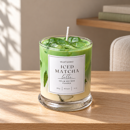 Iced Matcha Latte Candle, 12 oz on a straight pale oak table in natural daylight