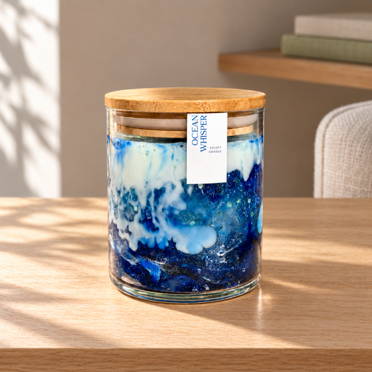 Ocean Whisper Candle, 12 oz on a straight pale oak table in natural daylight