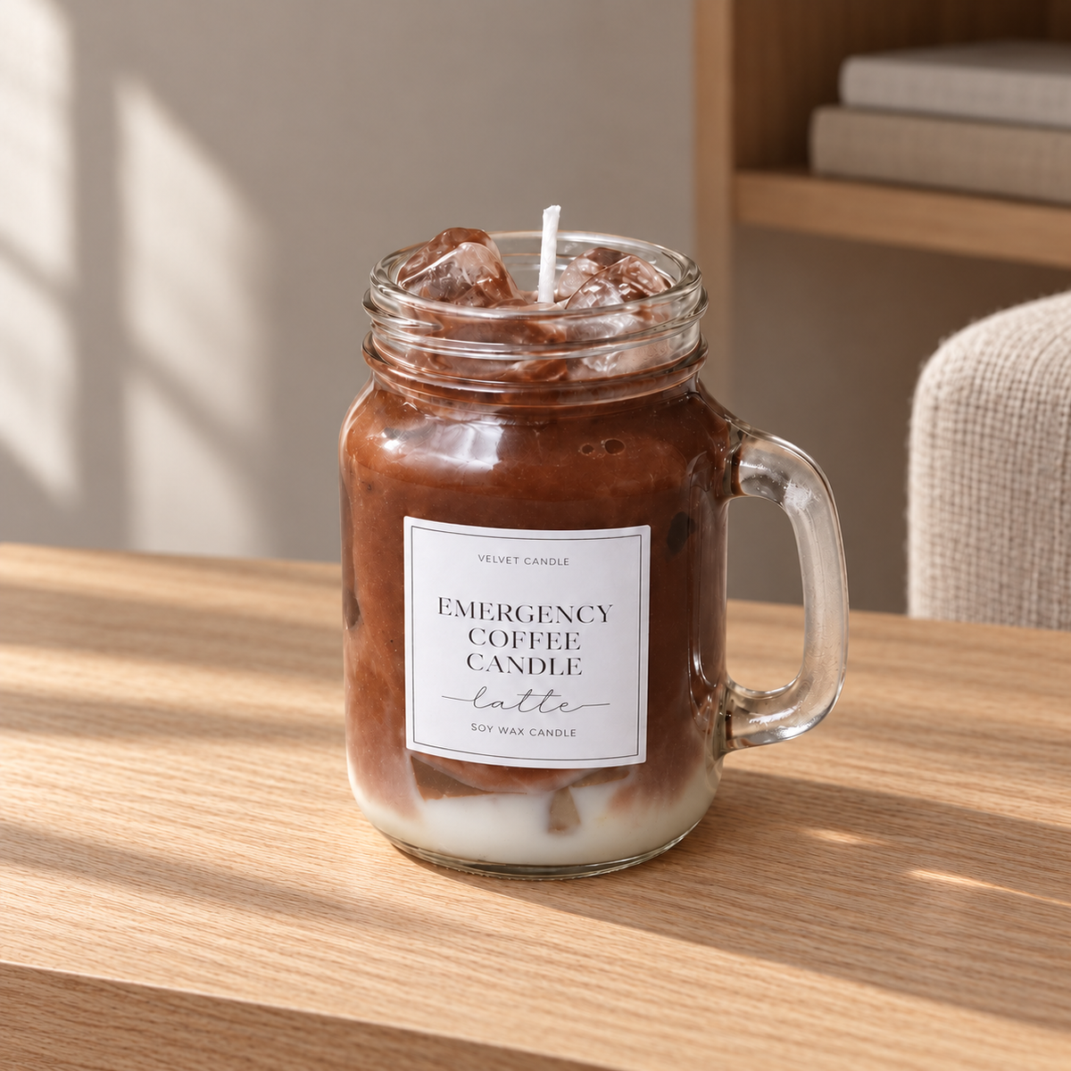 Mini Iced Vanilla Latte Candle - 4 oz on a straight pale oak table in natural daylight