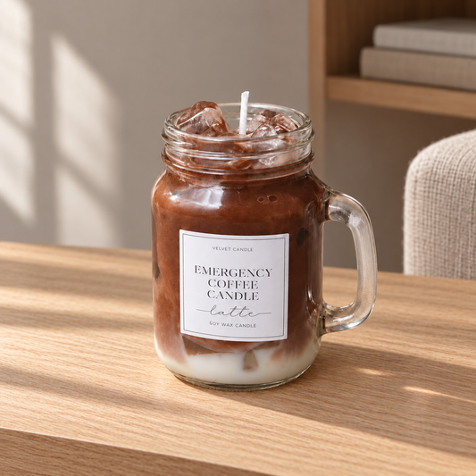 Mini Iced Vanilla Latte Candle - 4 oz on a straight pale oak table in natural daylight