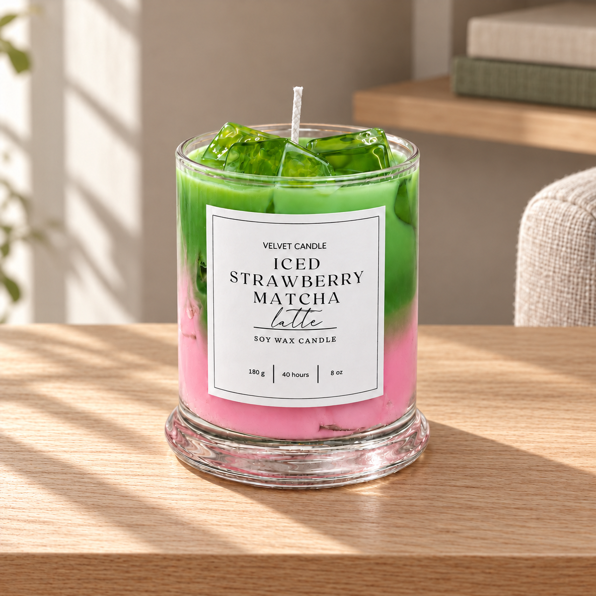 Iced Strawberry Matcha Latte Candle, 12 oz on a straight pale oak table in natural daylight