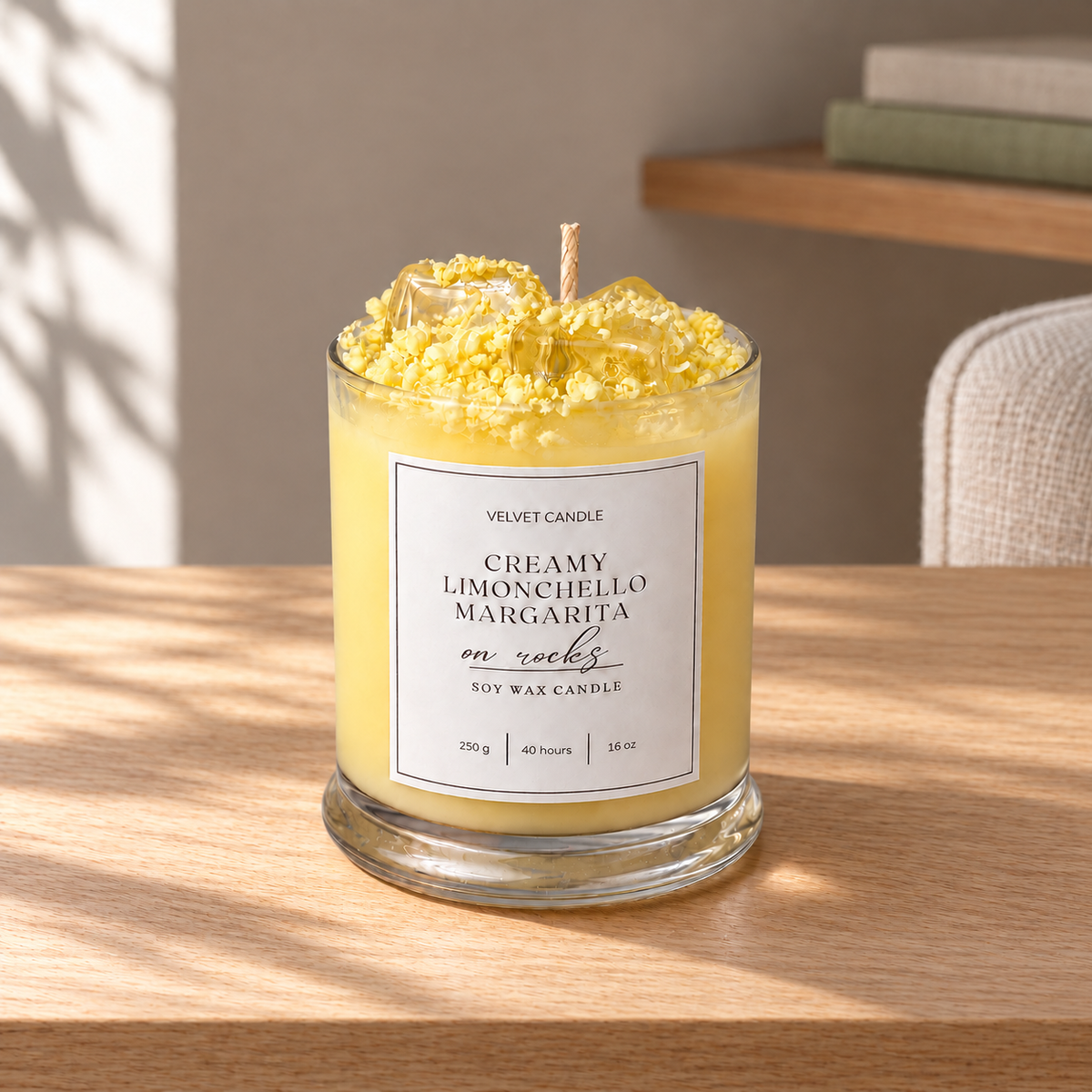Creamy Limoncello Margarita Candle, 12 oz on a straight pale oak table in natural daylight