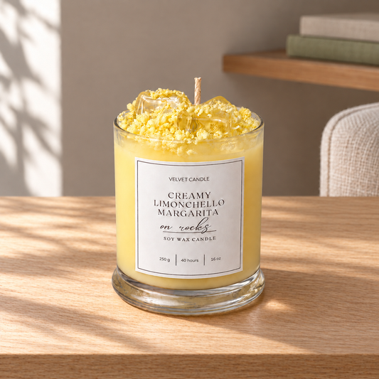 Creamy Limoncello Margarita Candle, 12 oz on a straight pale oak table in natural daylight