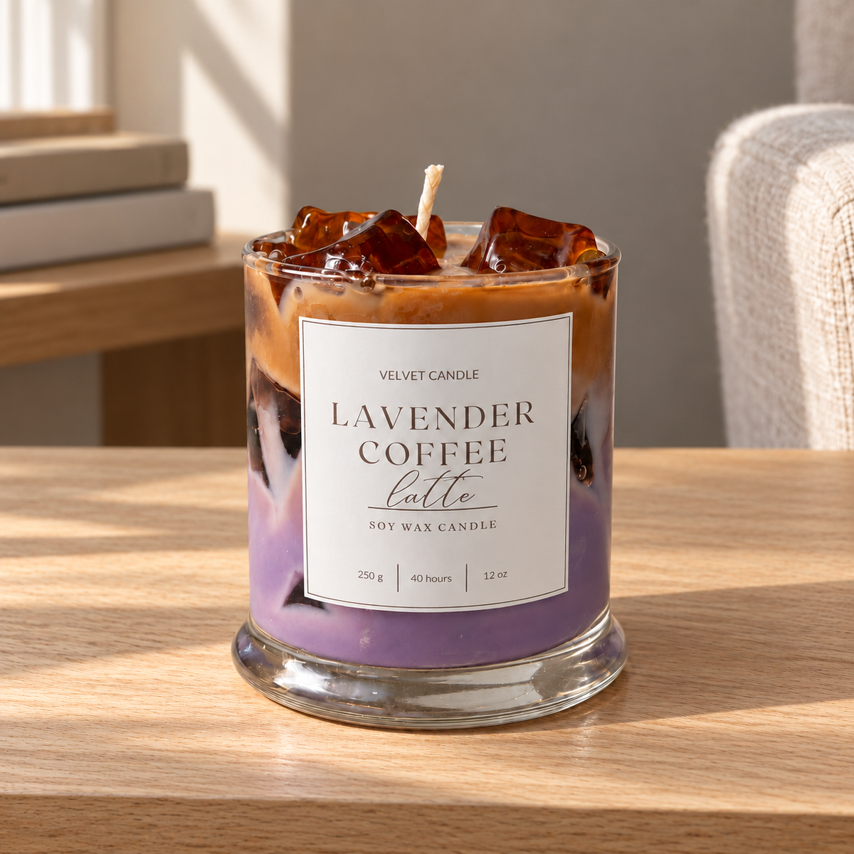 Lavender Coffee Latte Candle, 12 oz on a straight pale oak table in natural daylight