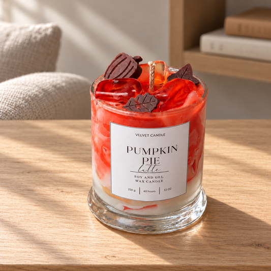 Pumpkin Pie Spice Latte Candle, 12 oz on a straight pale oak table in natural daylight