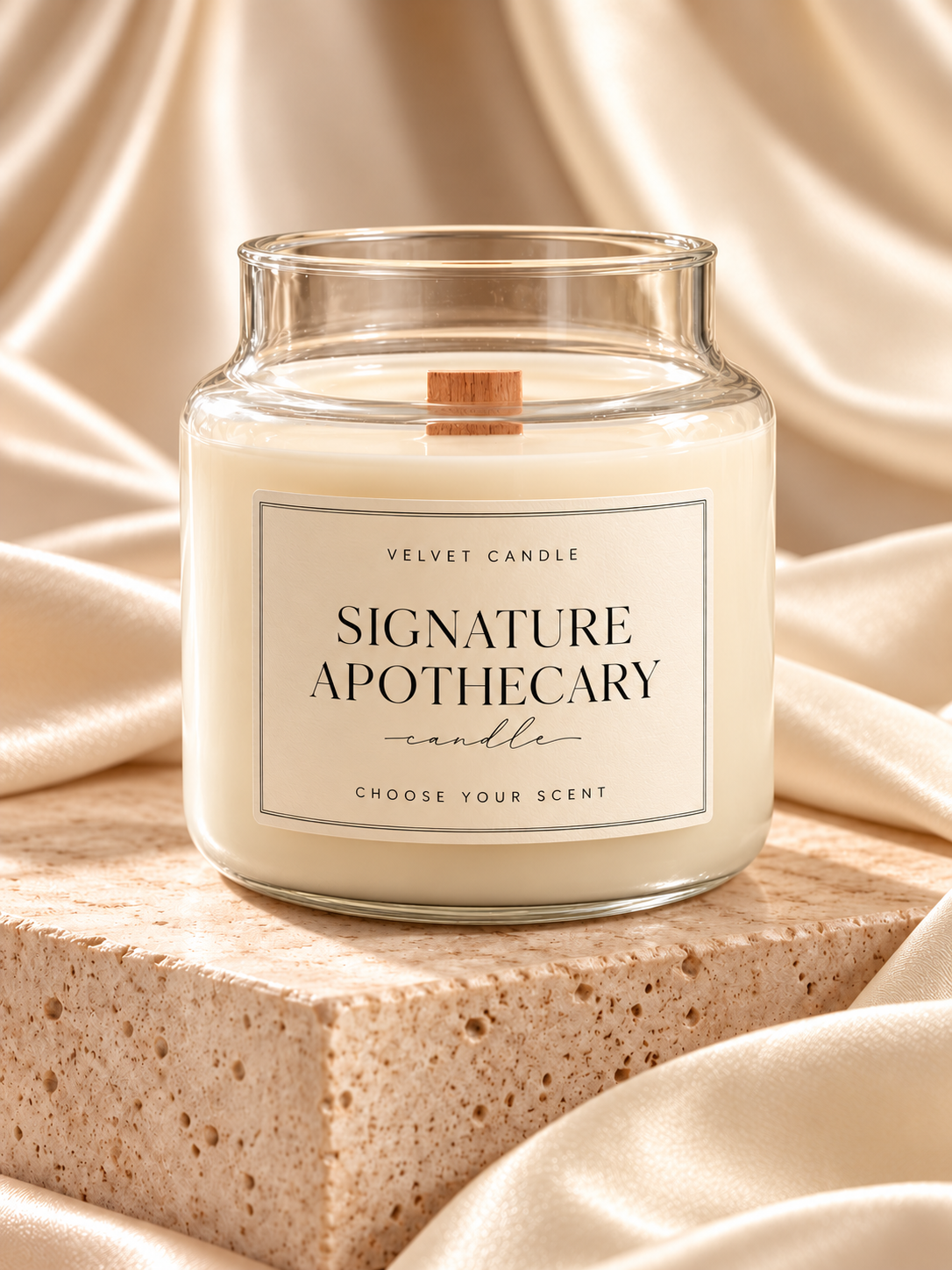 Concept mockup of Velvet Candle Signature Apothecary candle with ivory label