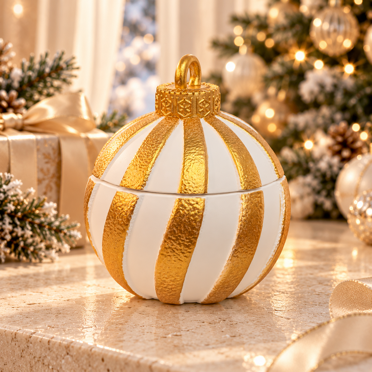 White and gold striped ornament candle with matching lid in a Christmas setting