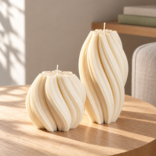 Wave Candle Duo — Medium + Large Sculptural Set in a softly sunlit home setting