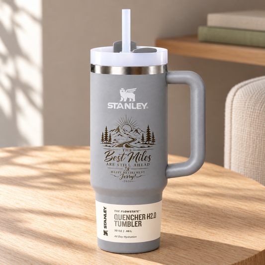 Personalized Stanley Tumbler — Custom Laser Engraving — 30/40 oz in a softly sunlit home setting