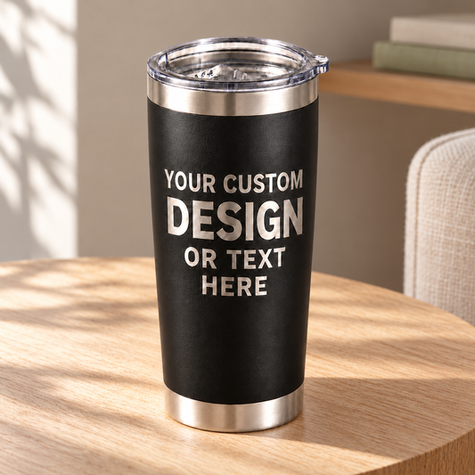 Personalized 20 oz Tumbler — Custom Laser Engraving in a softly sunlit home setting