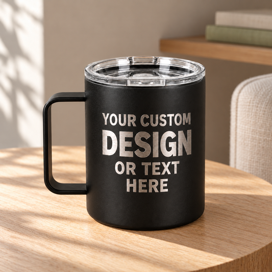 Personalized 12 oz Insulated Coffee Mug — Custom Laser Engraving in a softly sunlit home setting