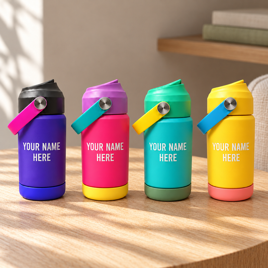 Personalized Kids’ 12 oz Flip-Top Cup — Custom Laser Engraving in a softly sunlit home setting