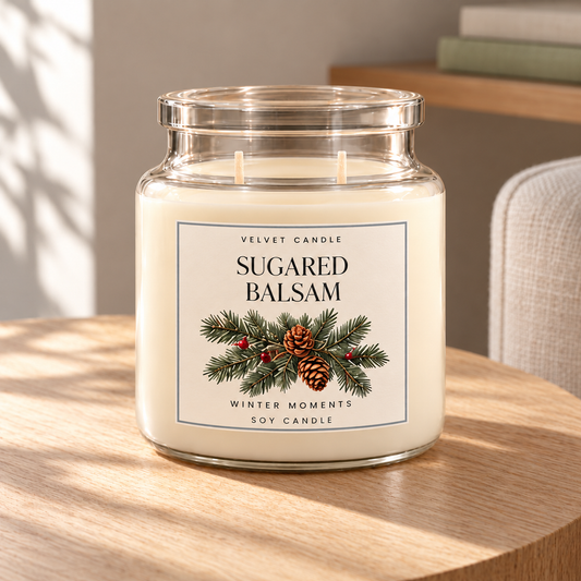 Sugared Balsam — Winter Moments Soy Candle in a softly sunlit home setting