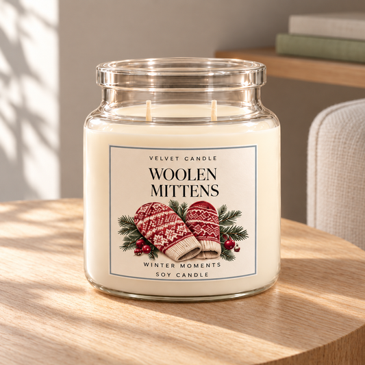 Woolen Mittens — Winter Moments Soy Candle in a softly sunlit home setting
