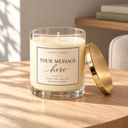 Your Words, Your Candle — Personalized Soy Candle with Gold Lid in a softly sunlit home setting